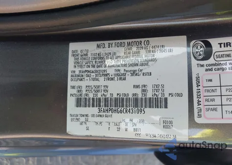 2012 Ford Fusion Se from USA, damaged, VIN 3FAHP0HG6CR431095